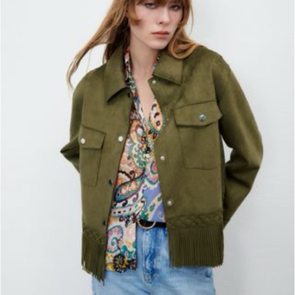Zara Olive Green Fringe Hem Utility Jacket